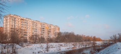 白天树木附近的棕色混凝土建筑